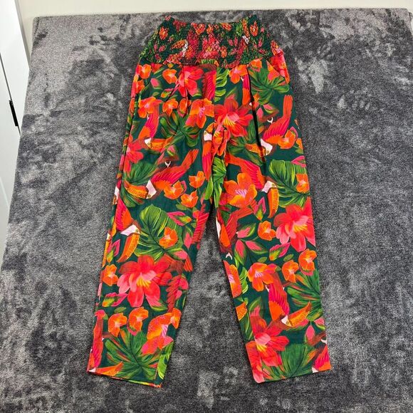 FARM Rio Tropical Toucan Linen Pants High Waisted Pink Green Wide Leg S NWOT - Picture 1 of 13